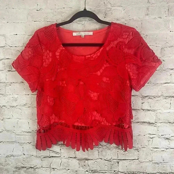 HP🔥Lovers + Friends Daycation Crop Top Blouse Lace Red M Short Sleeve Scallop - Picture 3 of 9